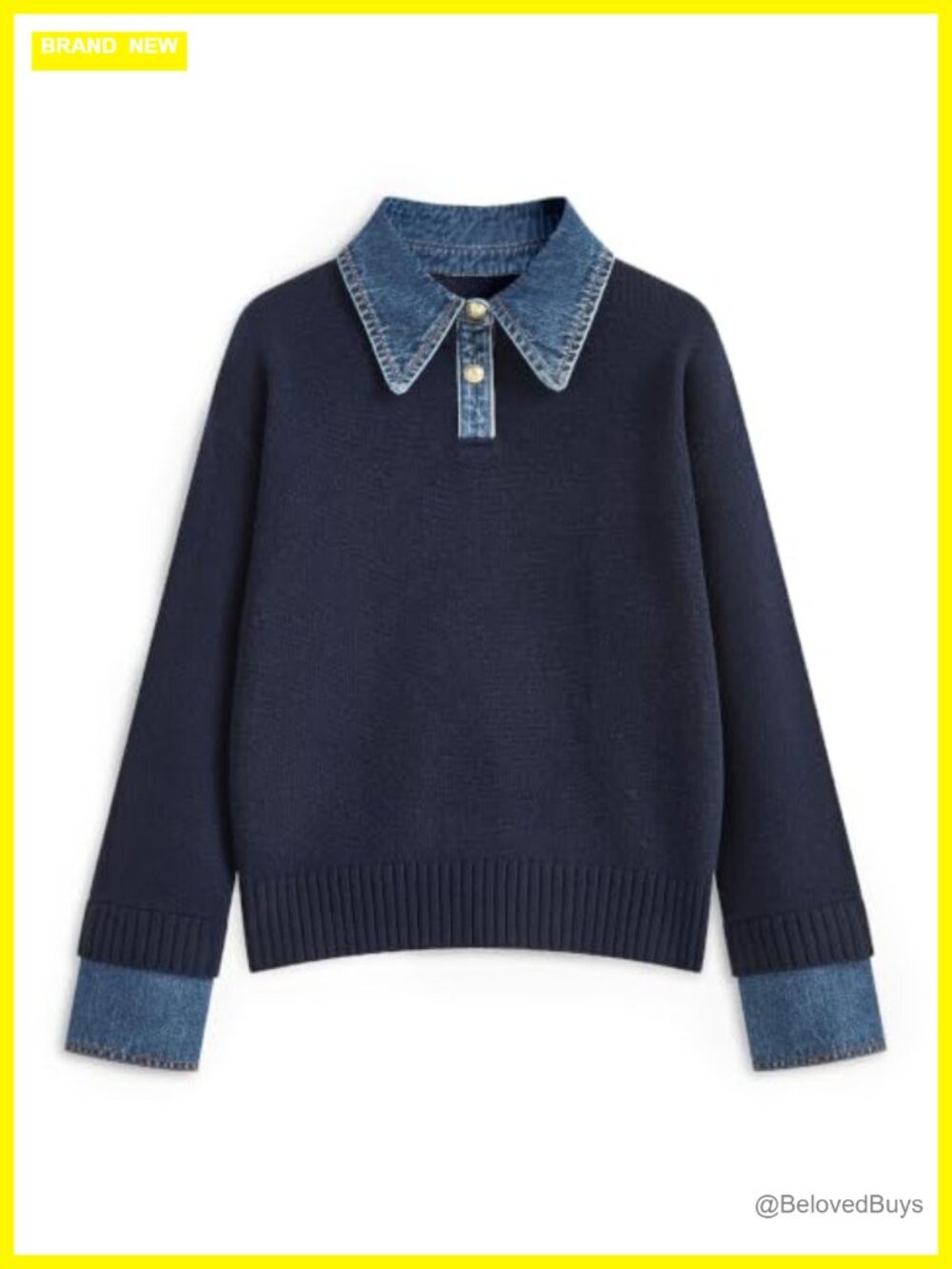Oversized Knit Polo Sweater Denim Collar Cuffs Mock Turtleneck Pullover